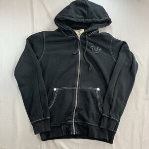True Religion Mens Black Cotton Long Sleeve Full-Zip Hoodie Size Medium